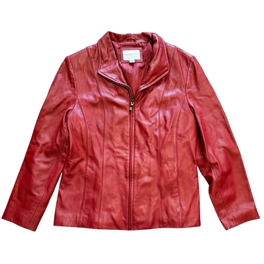 Vtg Worthington Red Lambskin Leather Jacket Full Zip Wing Collar Womens Large